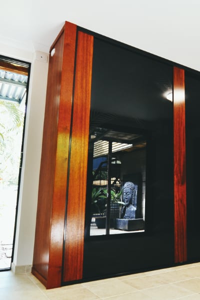 Timber Wardrobe with Black Glass Panels