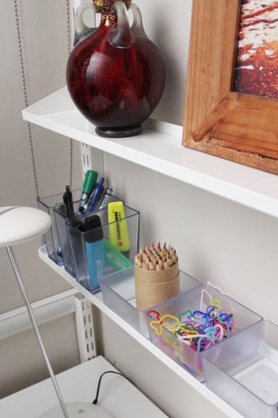 home office nook with bucket shelves