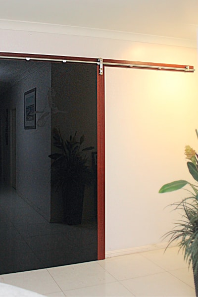 Wide Barn Door with jabiru image on black glass