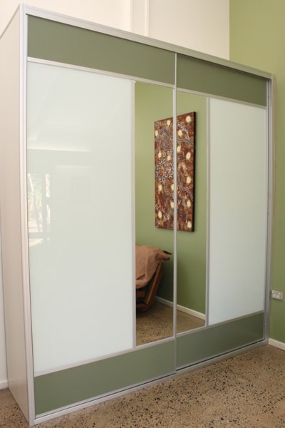 Wardrobe Doors with Olive Green mesh panels and functional mirror