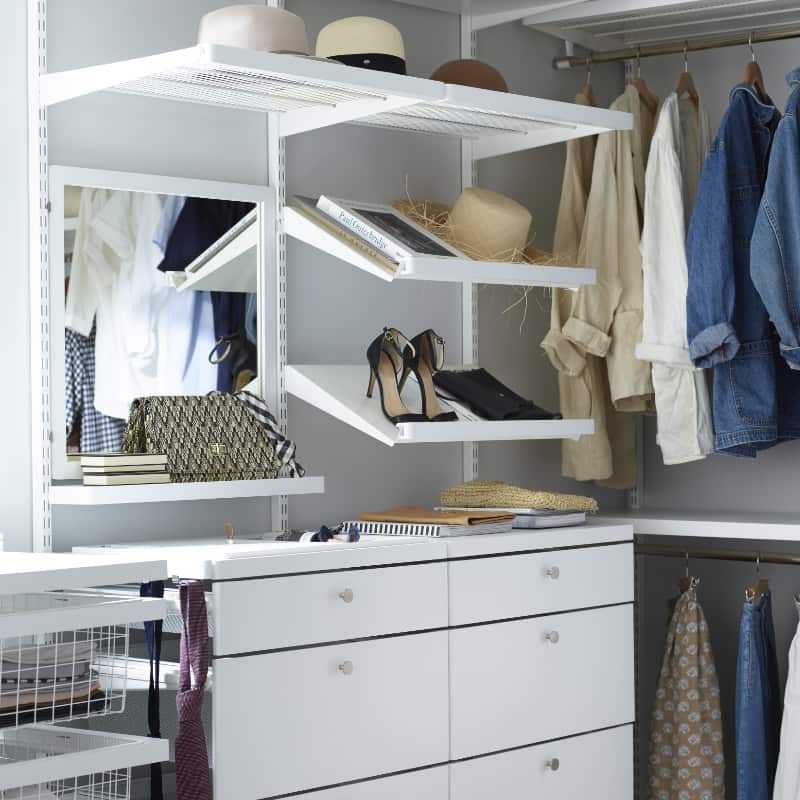 elfa walk in wardrobe, shoe racks, pullout shelves, clip in mirror and small functional shelf