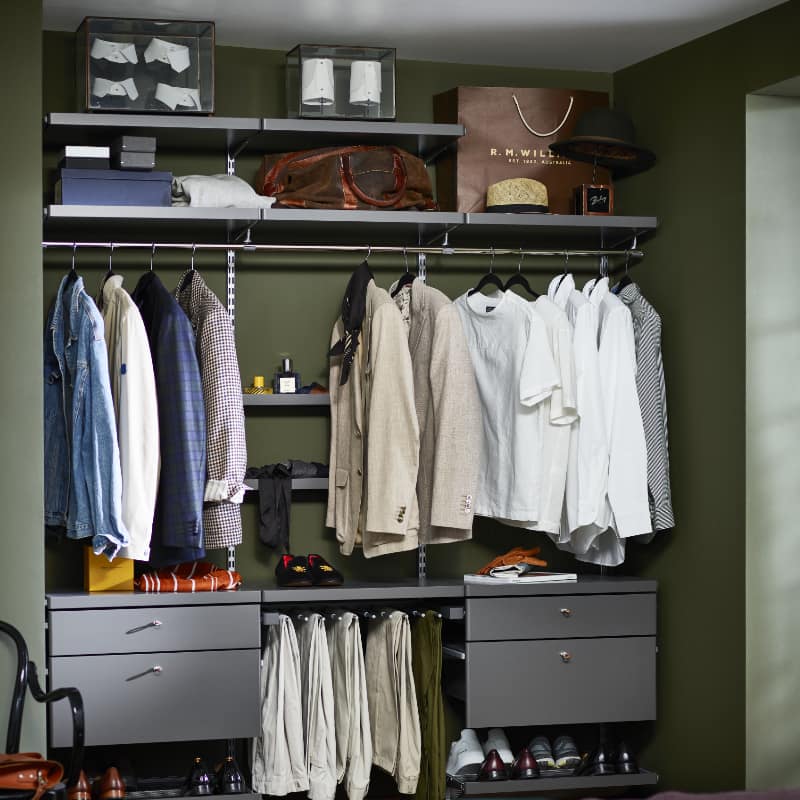 elfa decor grey closet interior. Pullout Drawers & Shoe Racks